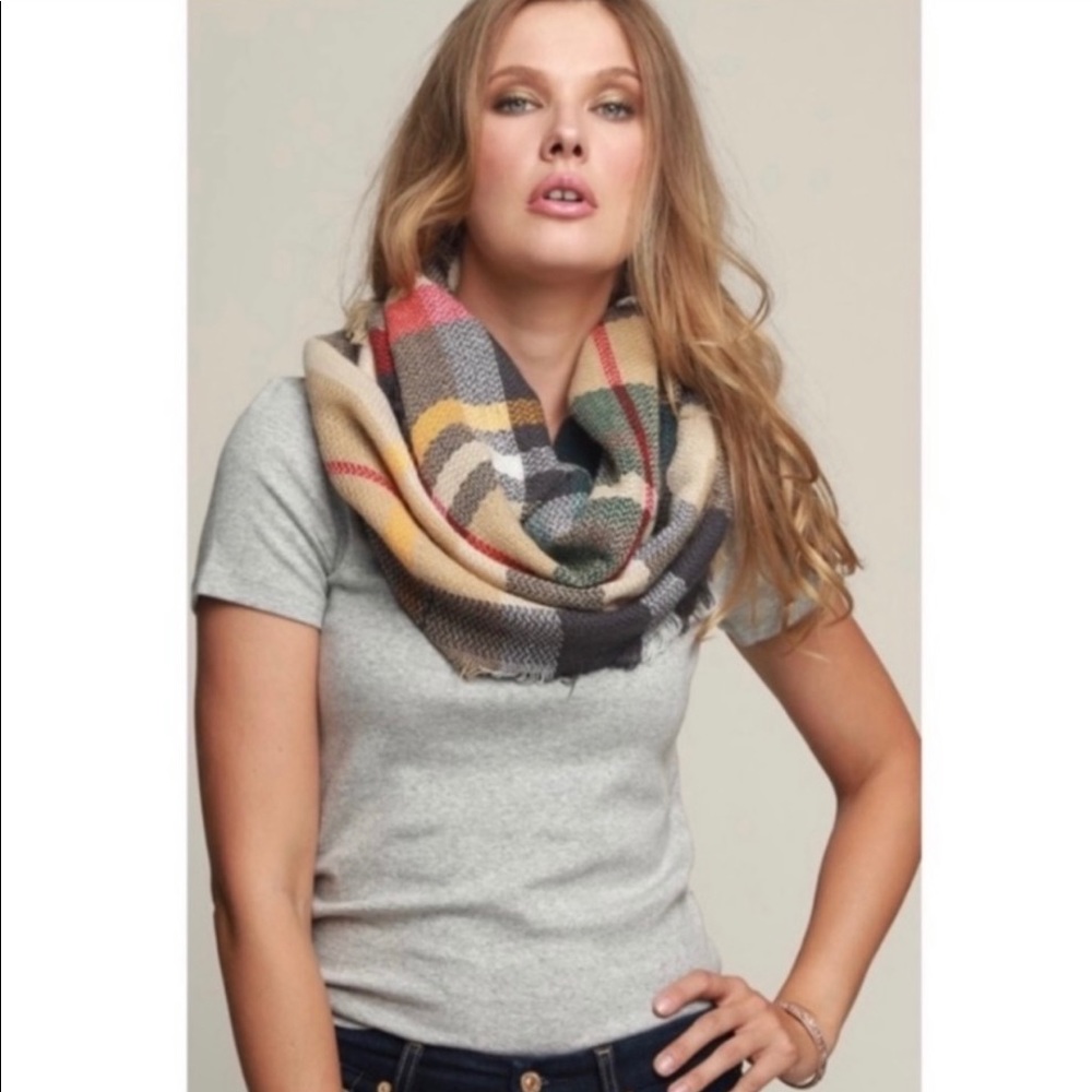 New! Ruggine Beige Plaid Infinity Soft Scarves Raw Edge - Picture 2 of 2